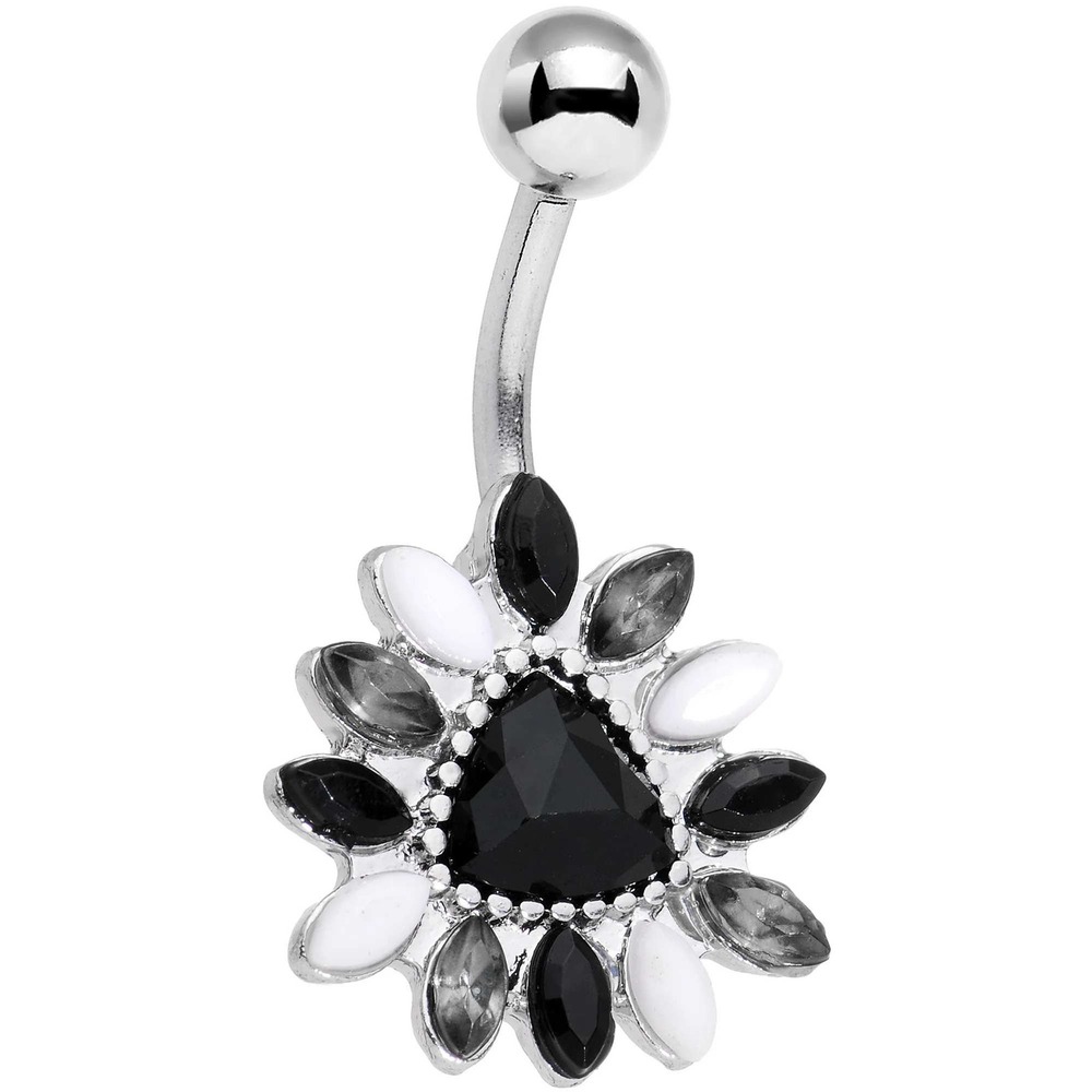 nwt black white flower silver‎ 14G belly ring
